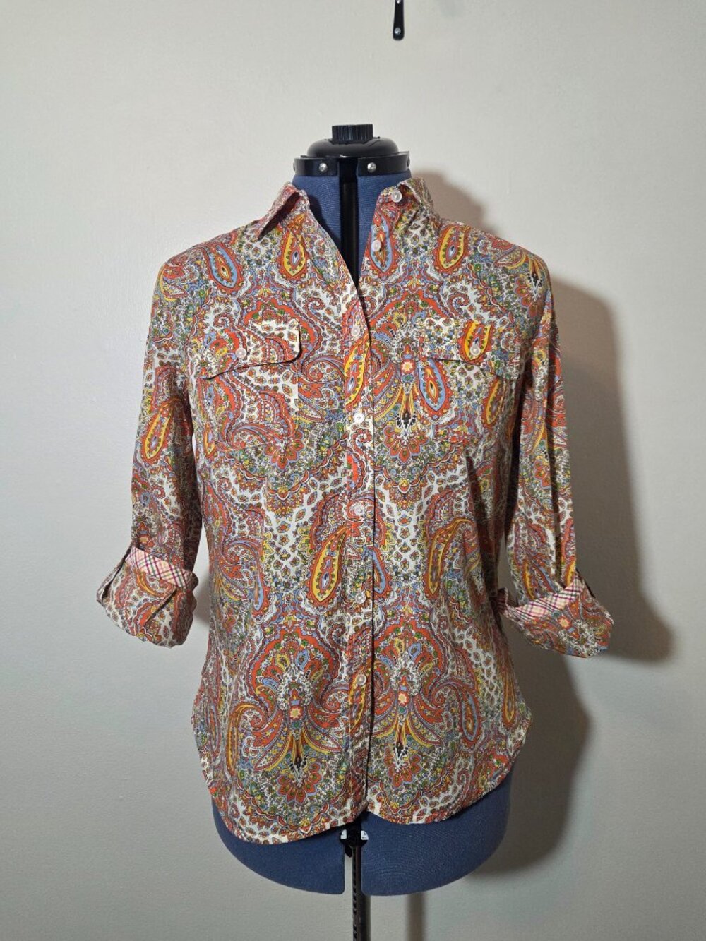 Talbots Long Sleeve Orange Paisley Button Down Blouse